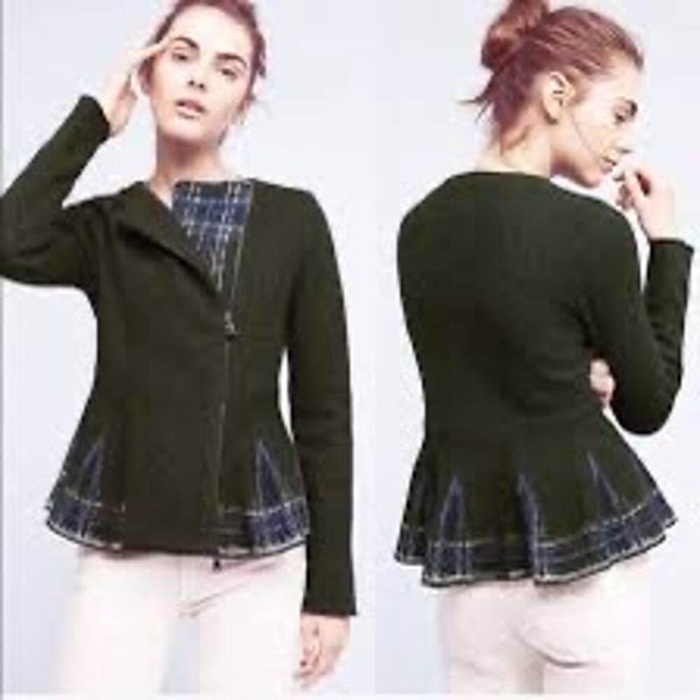 Anthropologie HWR Lelia Peplum Wool Zip Cardigan Jacket Dark Green Womens XS EUC